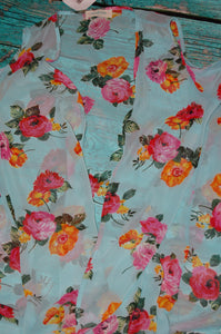 Aqua Kimono with Vibrant Flowers