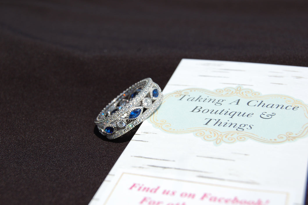 Sterling Silver Eternity Marquise & Round Blue Spinel CZ Ring - size 9