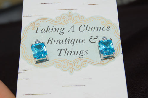 Sterling Silver Rectangular Blue Topaz CZ Earrings