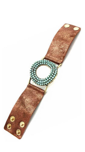 Brown Leather Bracelet with Bead Circle Pendant