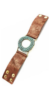 Brown Leather Bracelet with Bead Circle Pendant