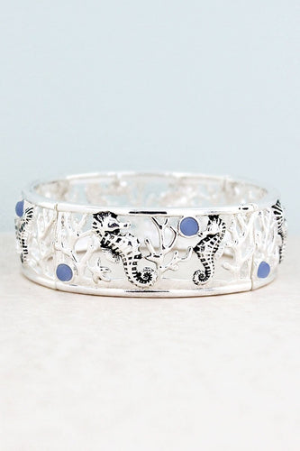 Blue Sea Glass and Silvertone Seahorse Stretch Bracelet