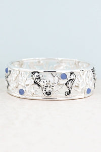 Blue Sea Glass and Silvertone Seahorse Stretch Bracelet