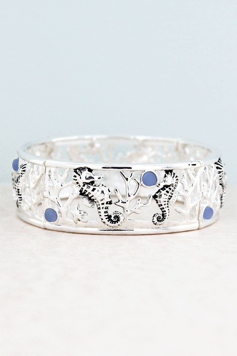 Blue Sea Glass and Silvertone Seahorse Stretch Bracelet