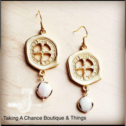 Matte Gold Medallion Earrings with Freshwater Pearl Dangle