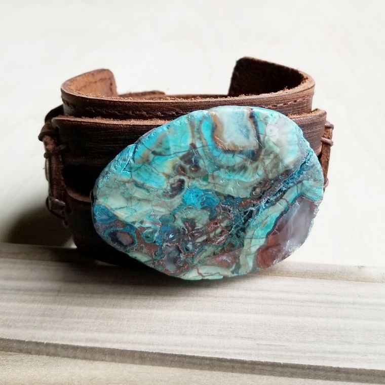 Ocean Agate on a Dusty Leather Cuff