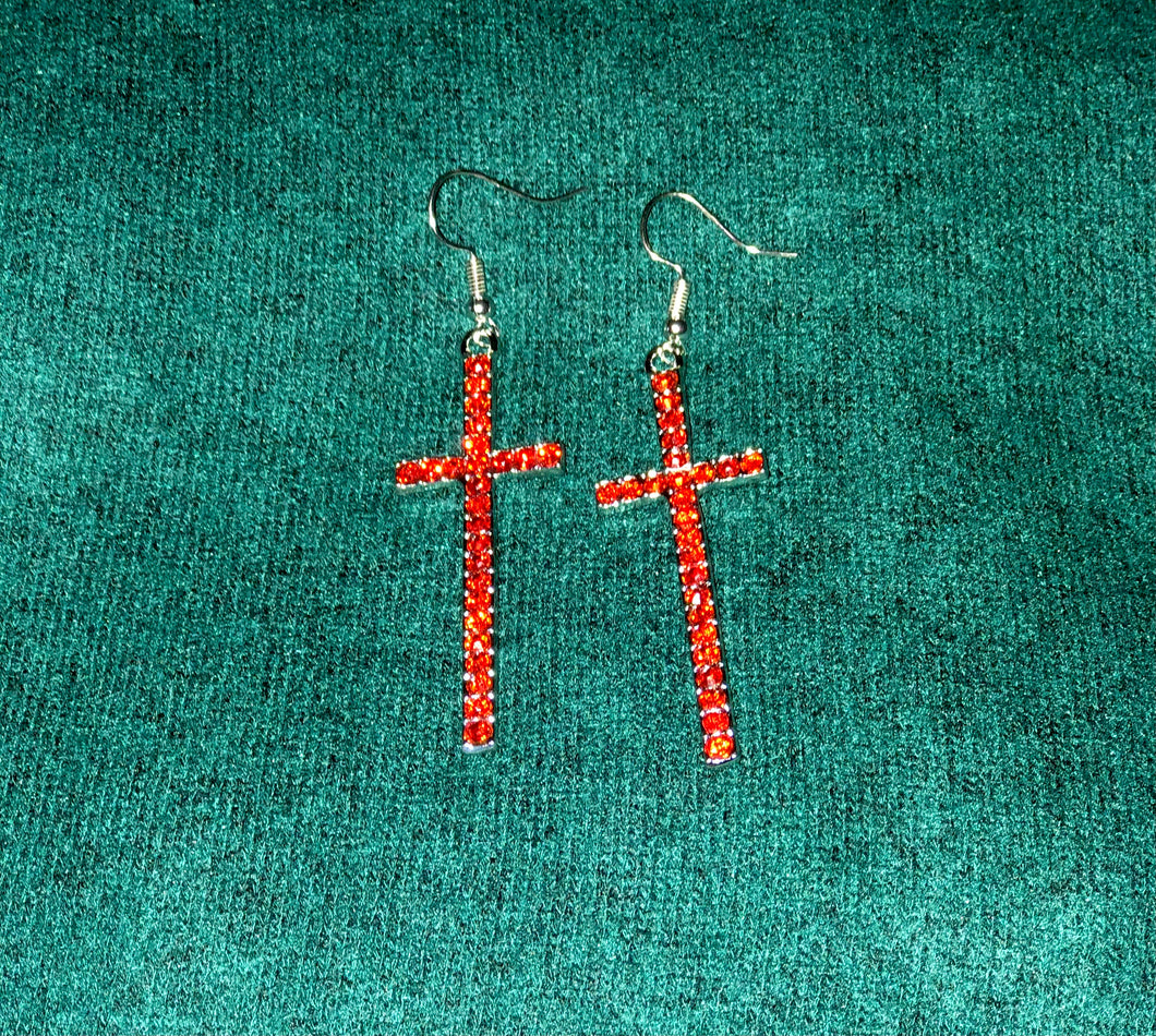 Red Studded Cross Earrings