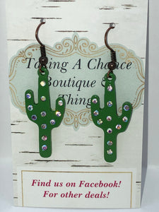 Green Cactus Earrings With Embedded Jewels